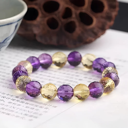 Handmade 128-facet crystal ametrine bracelet with detailed bead cutting and optional charm