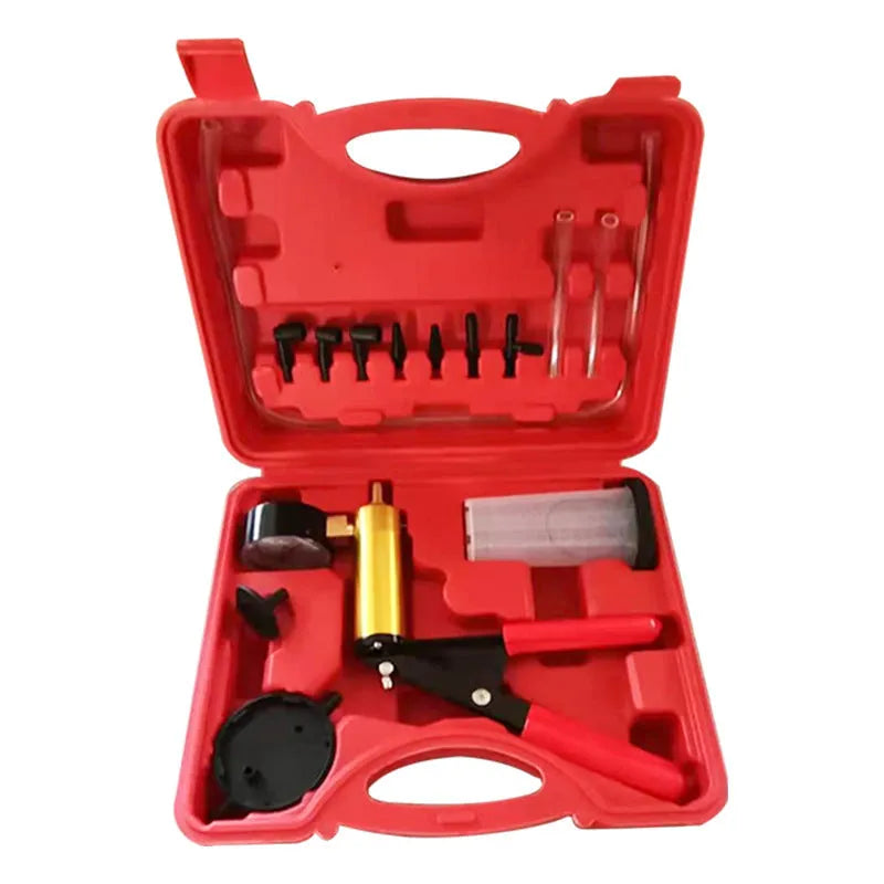 Aluminium alloy manual vacuum air blow gun tool for car repair on a workbench.