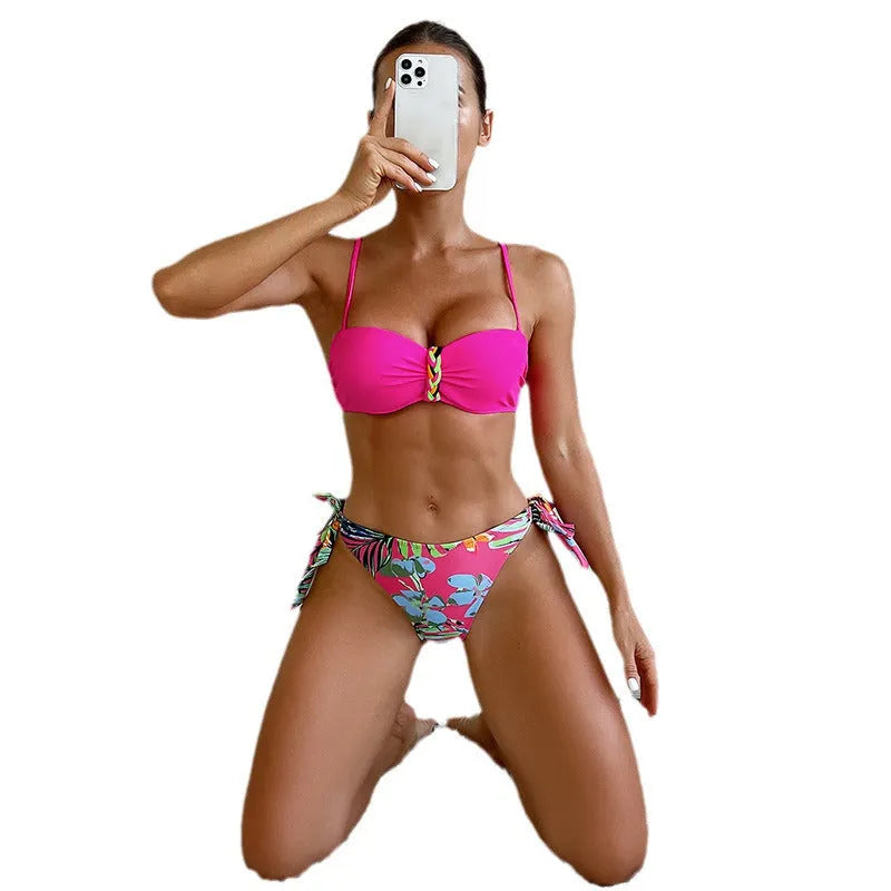 Rose red women's bikini swimsuit with braid rope detail.
