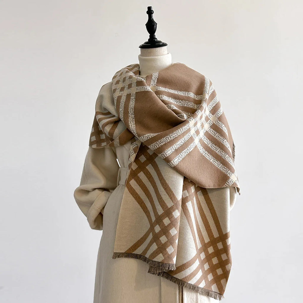 Large brown imitation cashmere winter scarf with tassels laid flat showing full 185cm length.