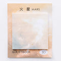 Square planet sticky notes showing Earth, Mars, and Mercury designs at 7.3cm dimensions