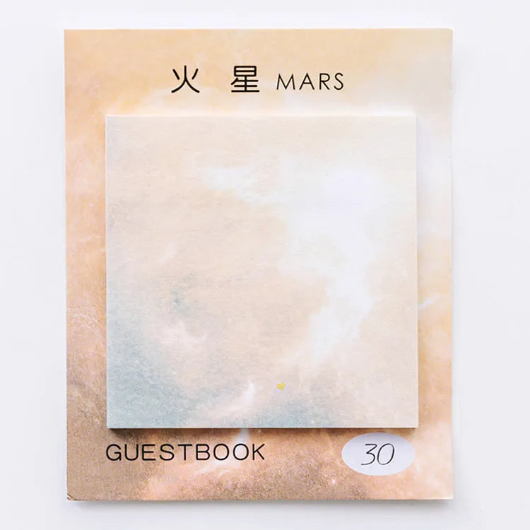 Square planet sticky notes showing Earth, Mars, and Mercury designs at 7.3cm dimensions