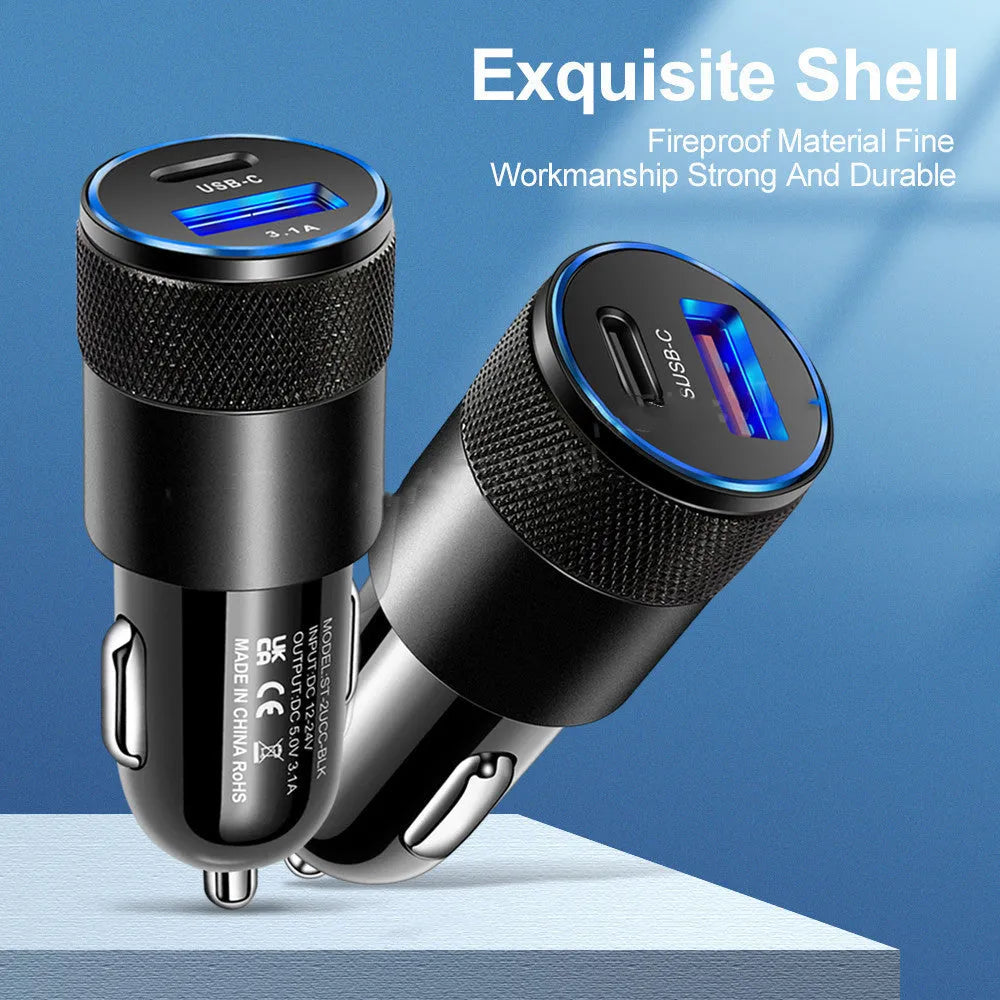 Aluminium alloy mobile phone car charger measuring 2.5 by 6 centimetres