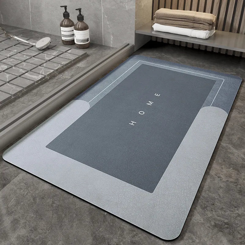 Oval and rectangular blended floor mat in Baikal blue, grey, green on bathroom floor