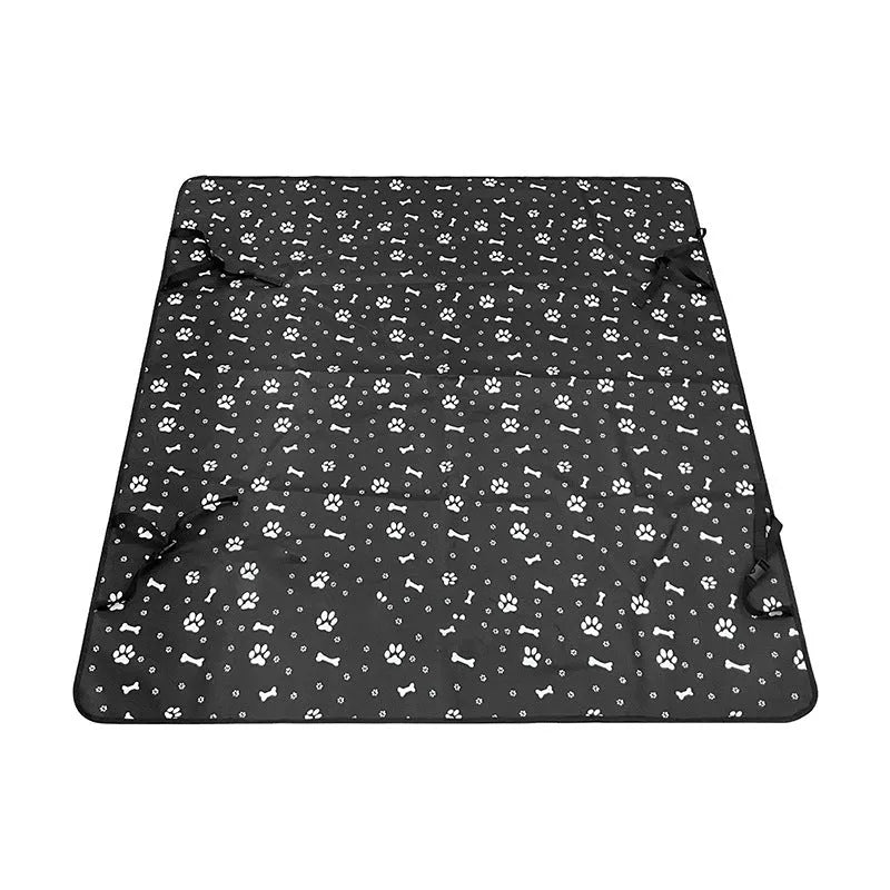 Car pet mat covering rear seat with water resistant cloth material in choice of colours and paw print designs