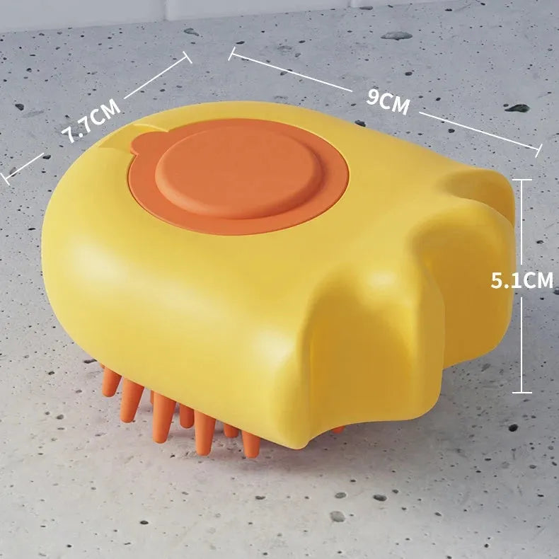 Blue plastic pet bath brush with integrated shampoo box and comb.