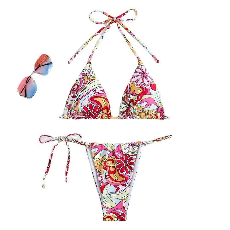 Women's triangle printed bikini set with hanging neck design in multicolour pattern