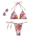 Women's triangle printed bikini set with hanging neck design in multicolour pattern