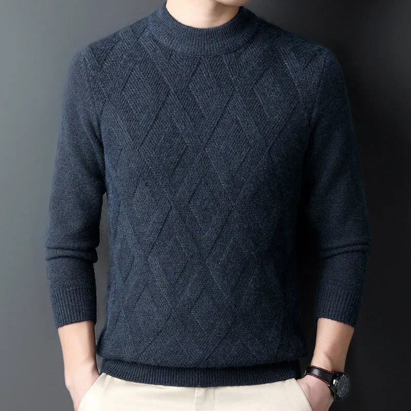 Men's grey diamond jacquard pattern wool blend heavyweight pullover sweater on a hanger.