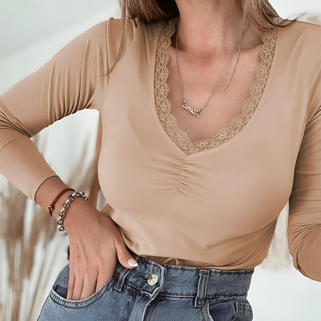 Women's red long sleeve casual top with lace trim detail on neckline, slim fit design