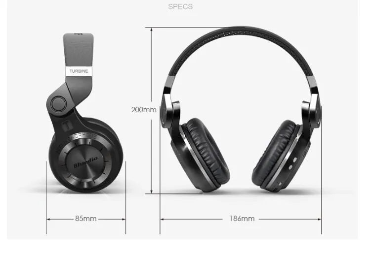 Blue String T2 black and white Bluetooth over-ear headset with folding metal design and detachable cable.