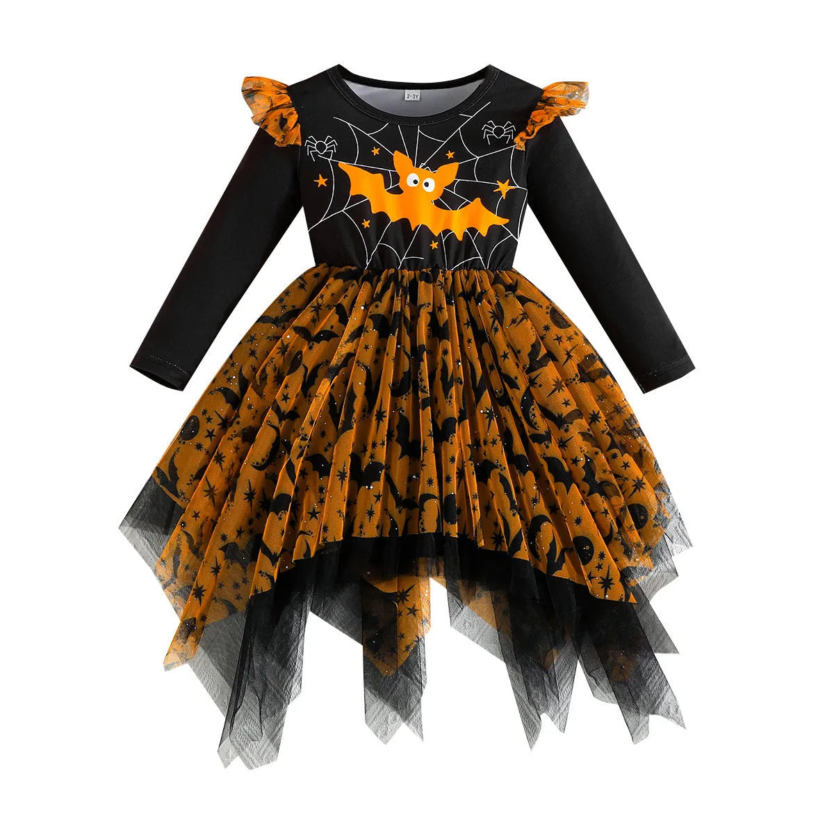 Leopard print girls dress with asymmetric hem and mesh overlay in brown