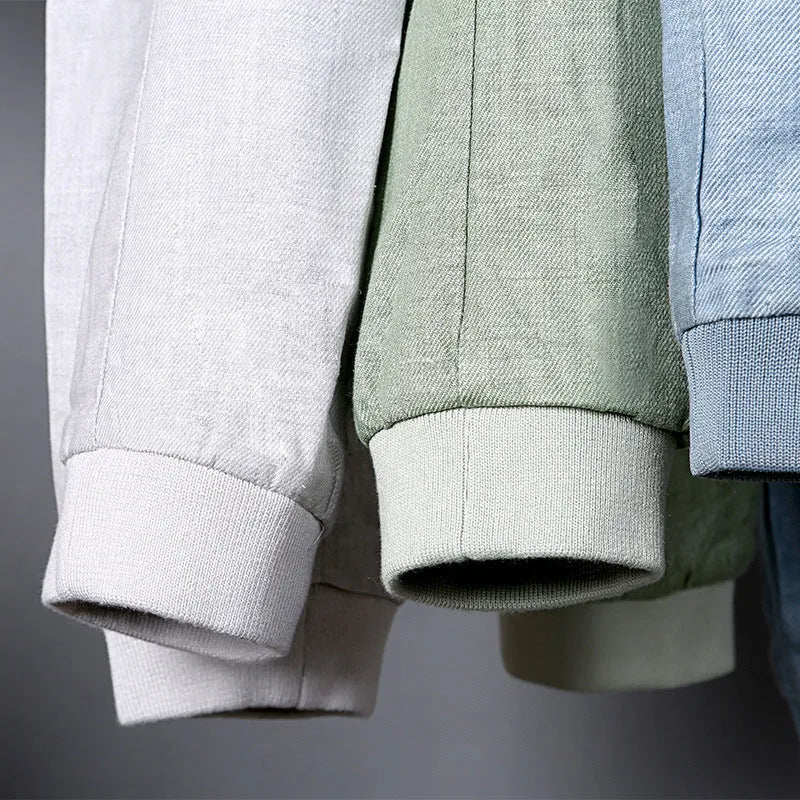 Men's thin cotton linen jacket in heather grey, regular fit, shown on a model.