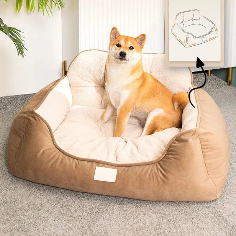 Plush pet bed in three sizes with washable fabric for indoor dog use