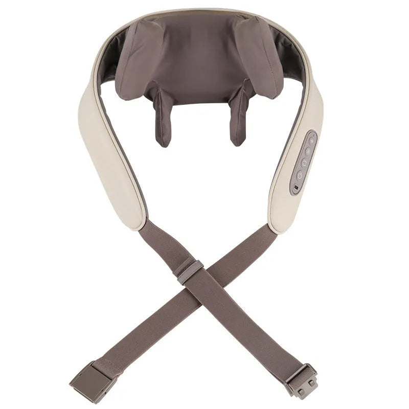 Milky white rechargeable shoulder and neck massager with infrared physiotherapy for cervical spine relief