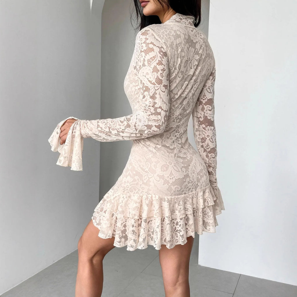 Apricot lace V-neck mermaid dress with floral print and flared sleeves on a mannequin