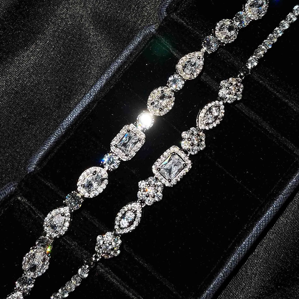 Women's geometric bracelet with S925 sterling silver plating and inlaid zircon stones showing adjustable chain