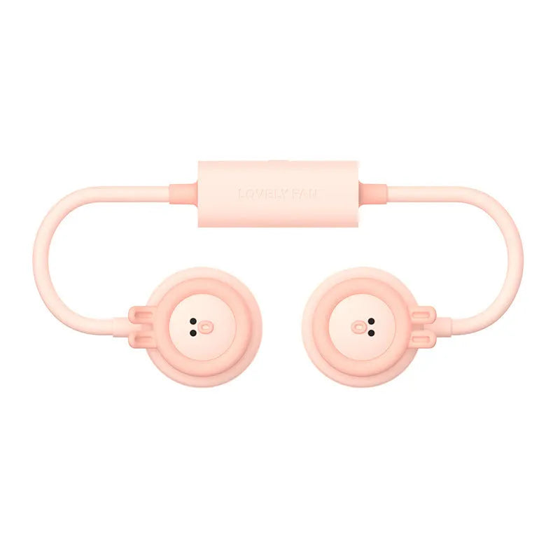 Pink leafless hanging neck fan with USB cable on a white background.
