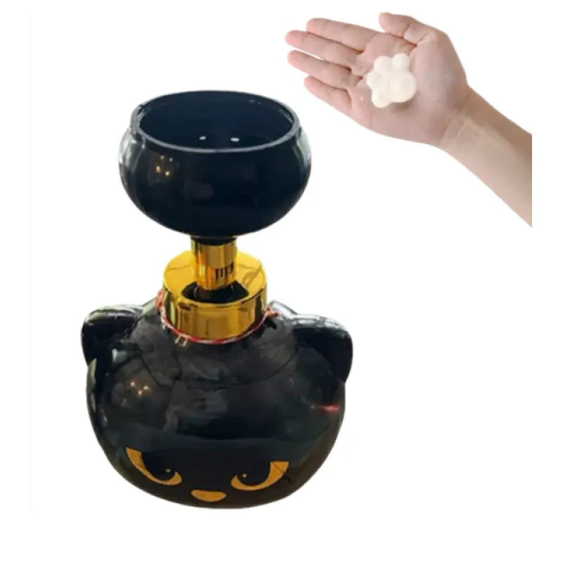 Black plastic cartoon cat-shaped automatic foam soap dispenser, dimensions 10x10x18cm.