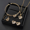 Gold-colour alloy jewellery set with earrings, pendant, and bracelet featuring love and bell patterns