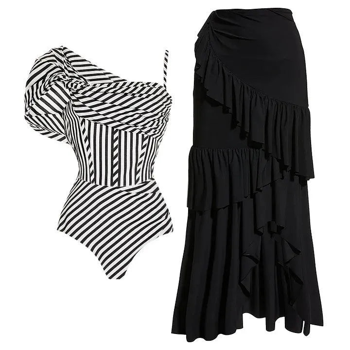 Women's striped one-piece swimsuit with ruffle detailing in polyester fabric