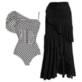 Women's striped one-piece swimsuit with ruffle detailing in polyester fabric