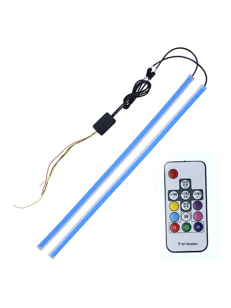 Universal RGB LED daytime running light strip with remote control available in 30cm 45cm and 60cm sizes for 12V vehicles