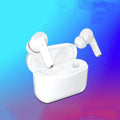 Wireless Bluetooth 5.0 stereo earbud headset in white, earplug type with data cable, bilateral design