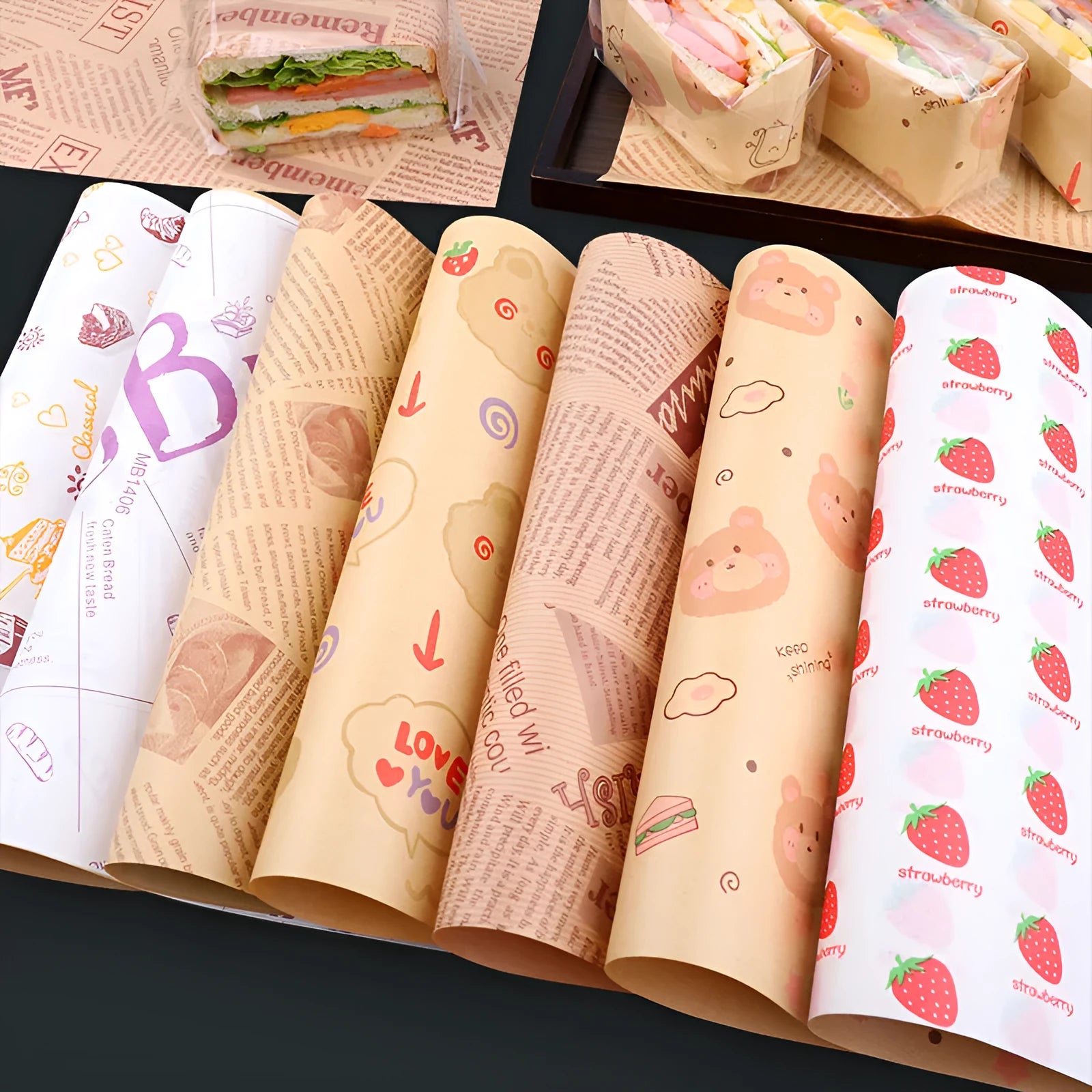 Stack of 28x38cm microwaveable food grade anti-oil Kraft baking paper sheets in English, newspaper, and retro styles