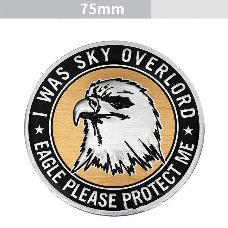 Aluminium car body stickers showing round lion, eagle, wolf head and tiger emblem designs for vehicle exterior decoration