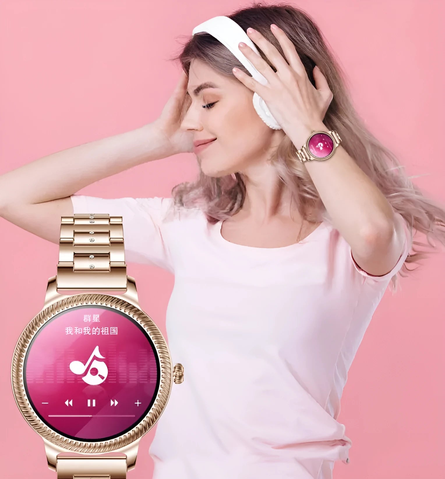 AK38 ladies smart watch with stainless steel Milanese band and 1.09-inch colour touchscreen