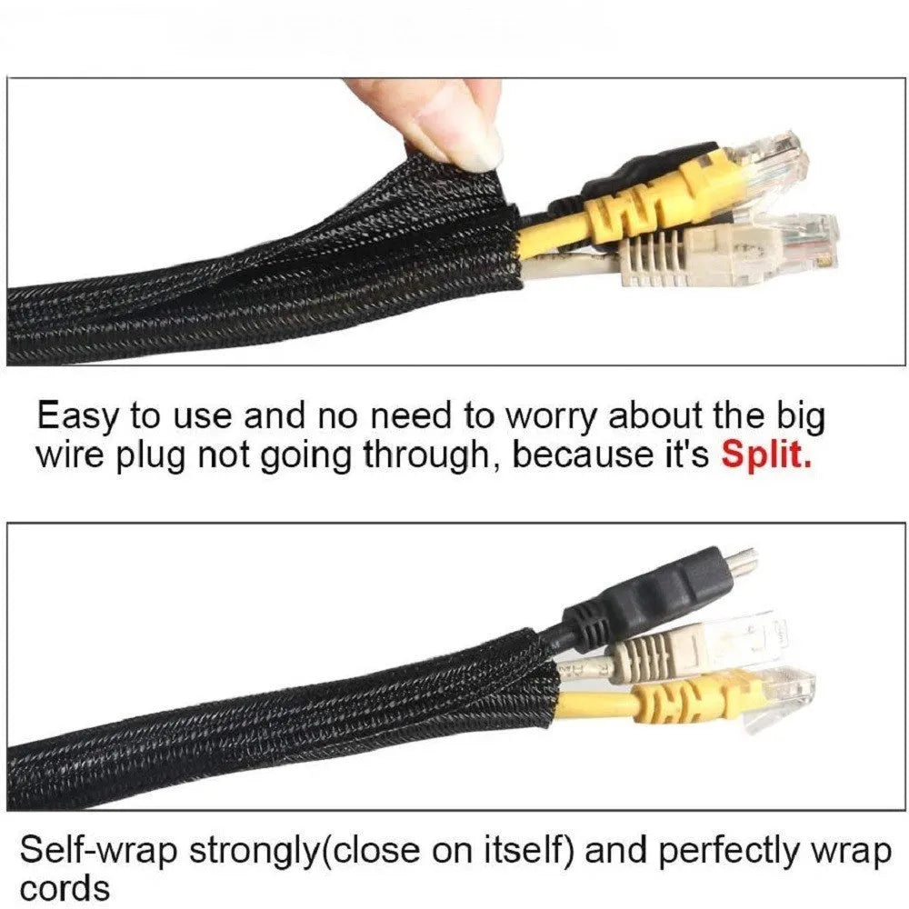 Black self-winding mesh sleeve automobile protective wire cover showing opening design for cable installation