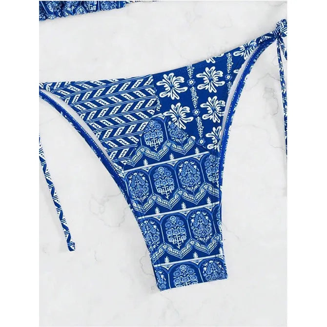 Women's split bikini swimsuit with bandage briefs and decorative printing in polyester fabric