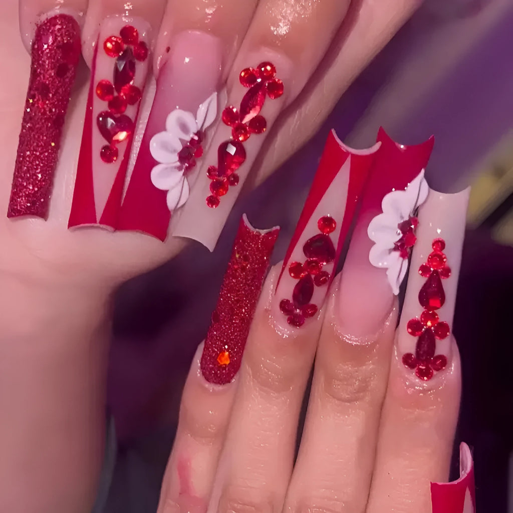 Sweet flower pattern removable fake nails with prismatic red diamond accents in European square long style