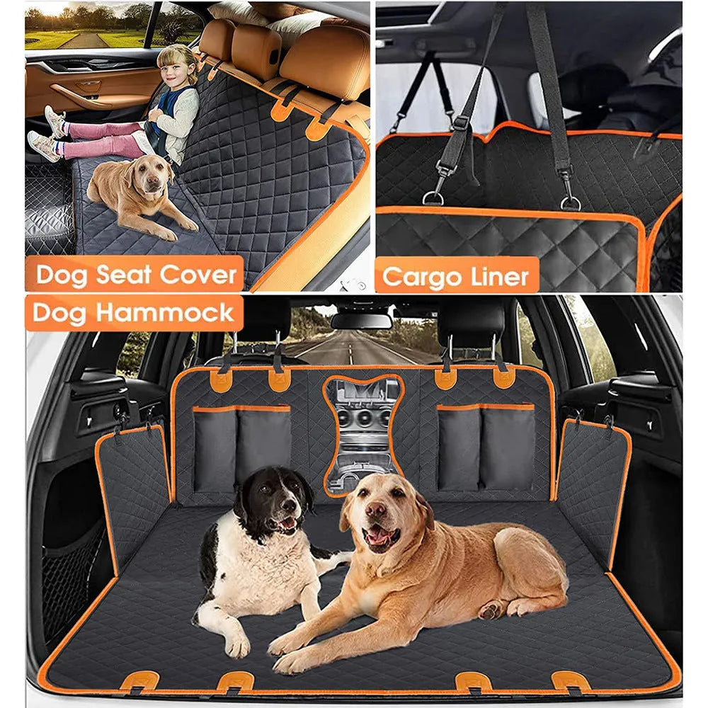 Black and orange waterproof pet car seat hammock cover made from 600D Oxford cloth on rear car seats