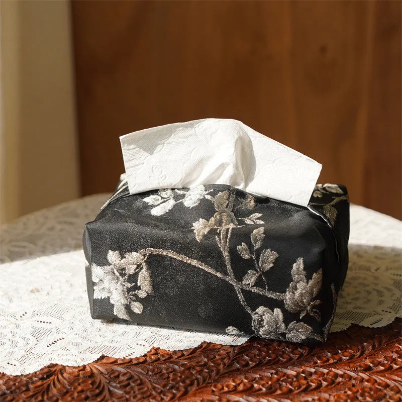 New Chinese brocade fabric tissue box cover with embroidery white plum design