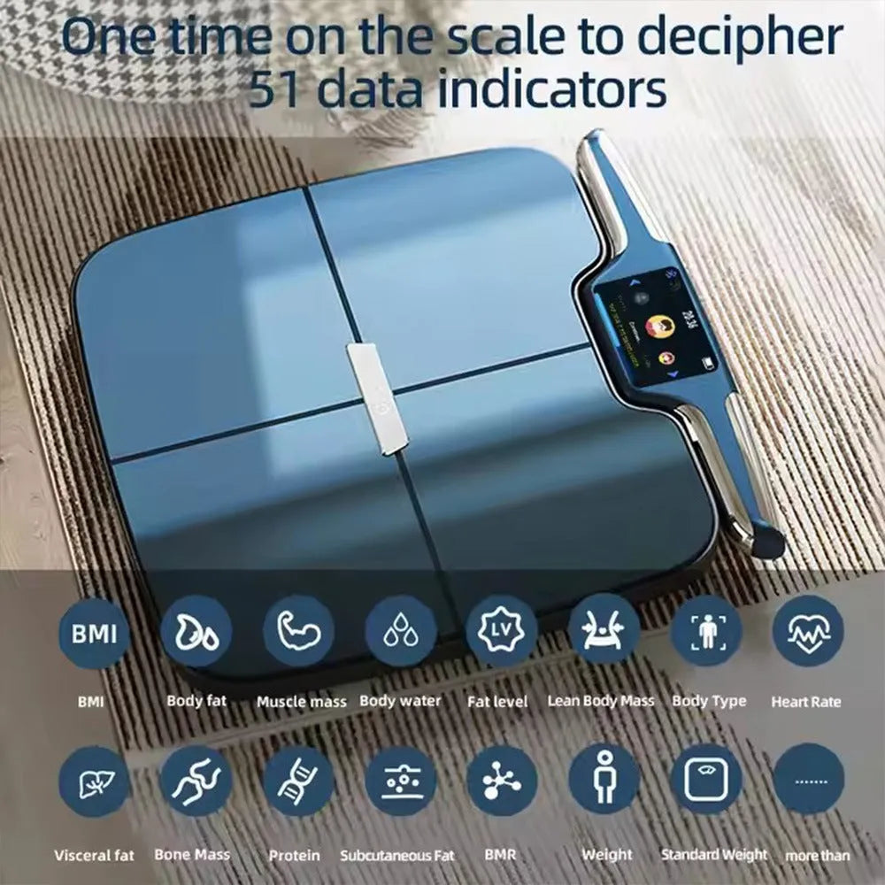 Black eight-electrode intelligent body fat weighing scale on a floor.