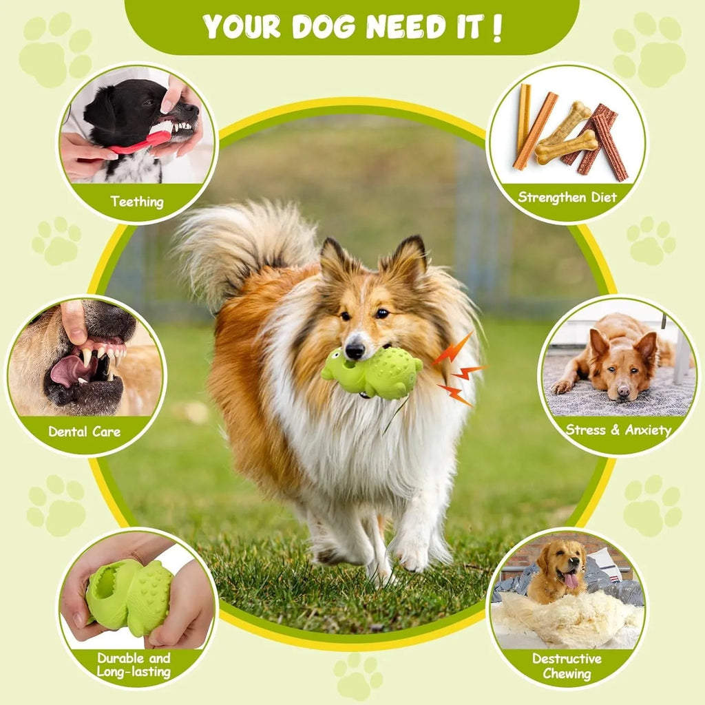 Green and yellow natural rubber dog chew toy for aggressive chewers
