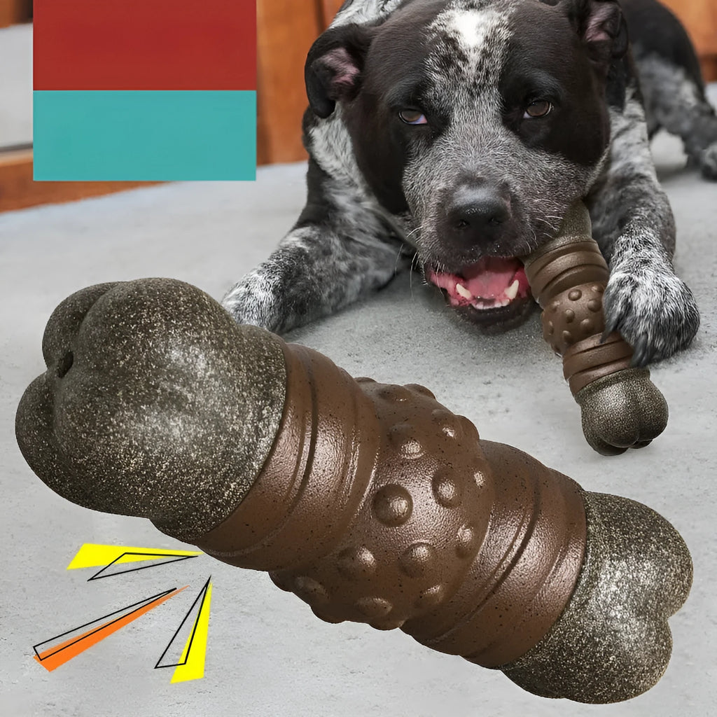 Wood-coloured plastic dog toothbrush toy with bone shape and molar rod texture