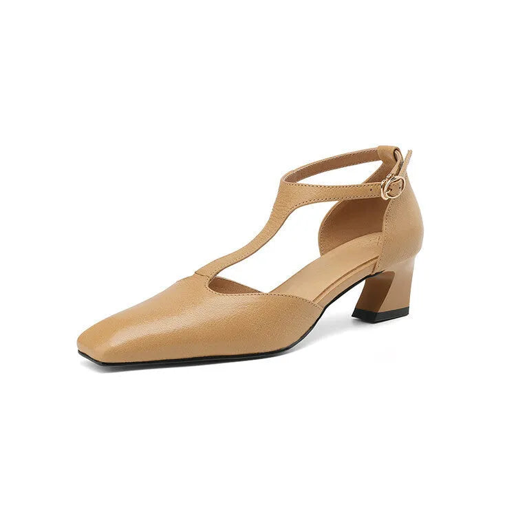 Women's wine red sheepskin leather square toe chunky heel shoes with buckle fastening and decorative sewing lines