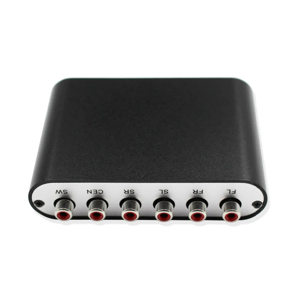 Black DTS Dolby Digital audio decoder with optical and coaxial inputs on a compact chassis.
