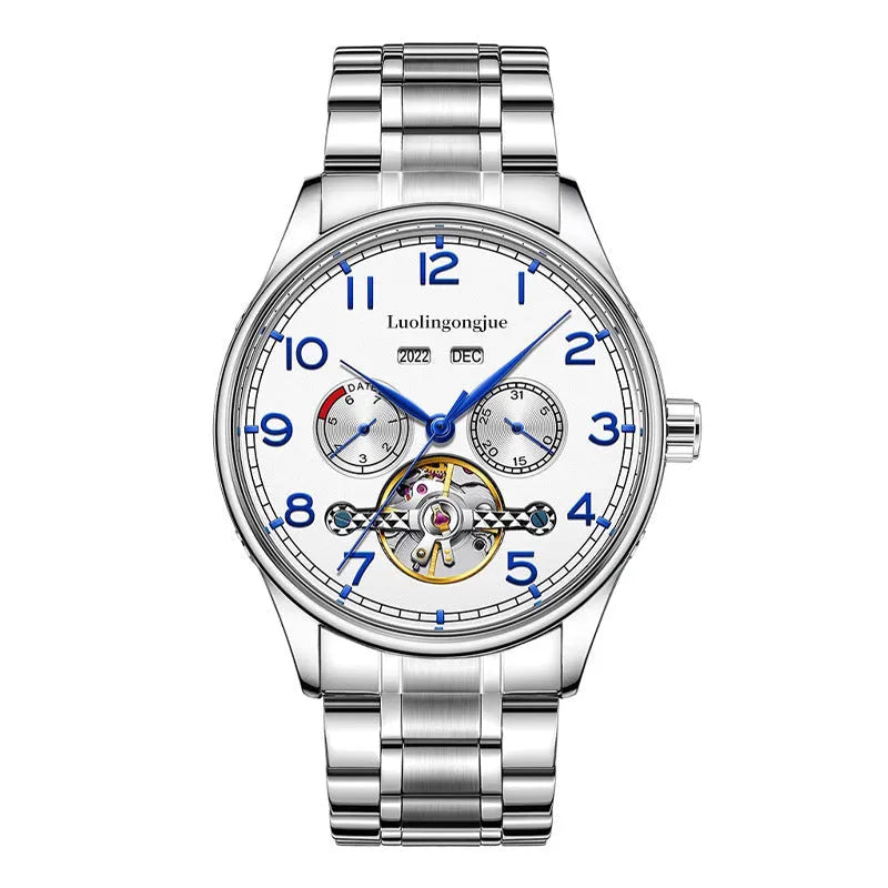 Business hollow men's mechanical watch with stainless steel case and leather strap