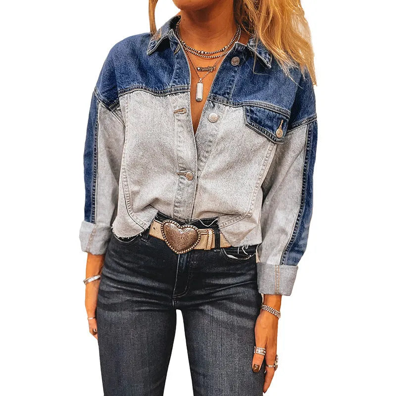 Women's loose-fitting denim coat with multiple buckle fastenings in a single row