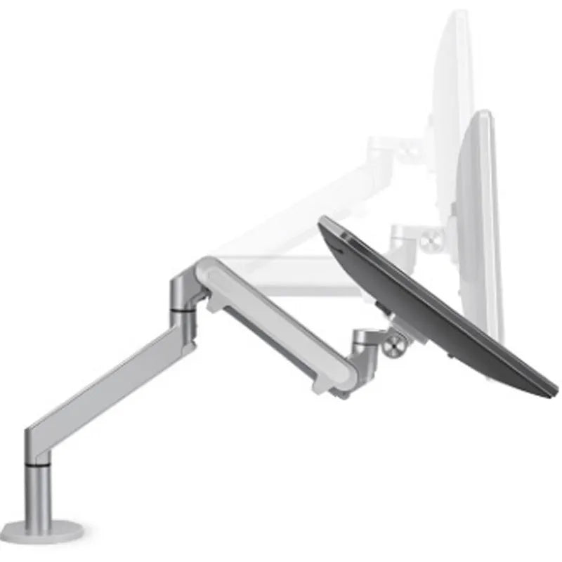 Silver aluminium hover arm laptop stand with adjustable height mechanism on wooden desk