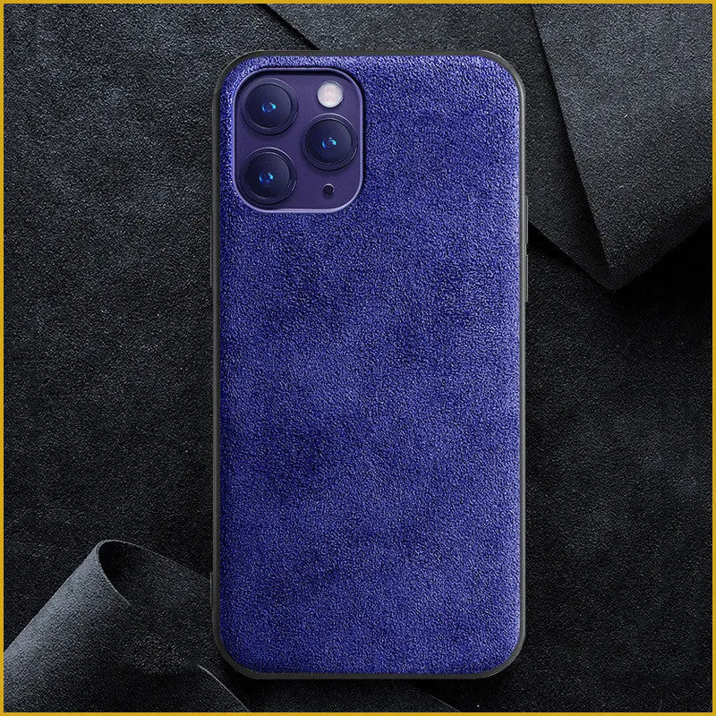 Suede full-cover iPhone case in dark blue colour showing back and side protection
