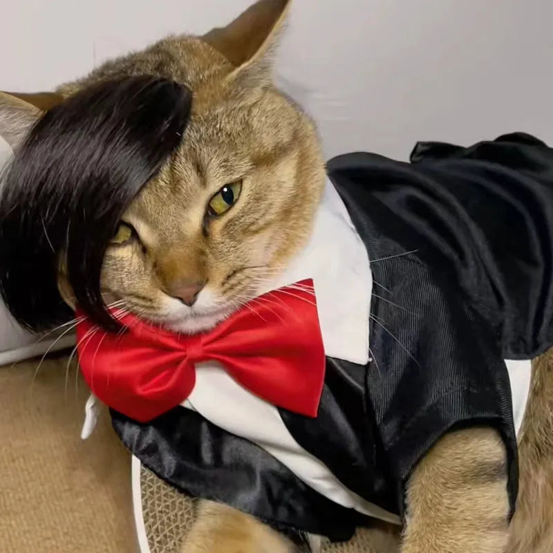Black imitation braid cat wig with adjustable elastic headband for feline dress-up occasions