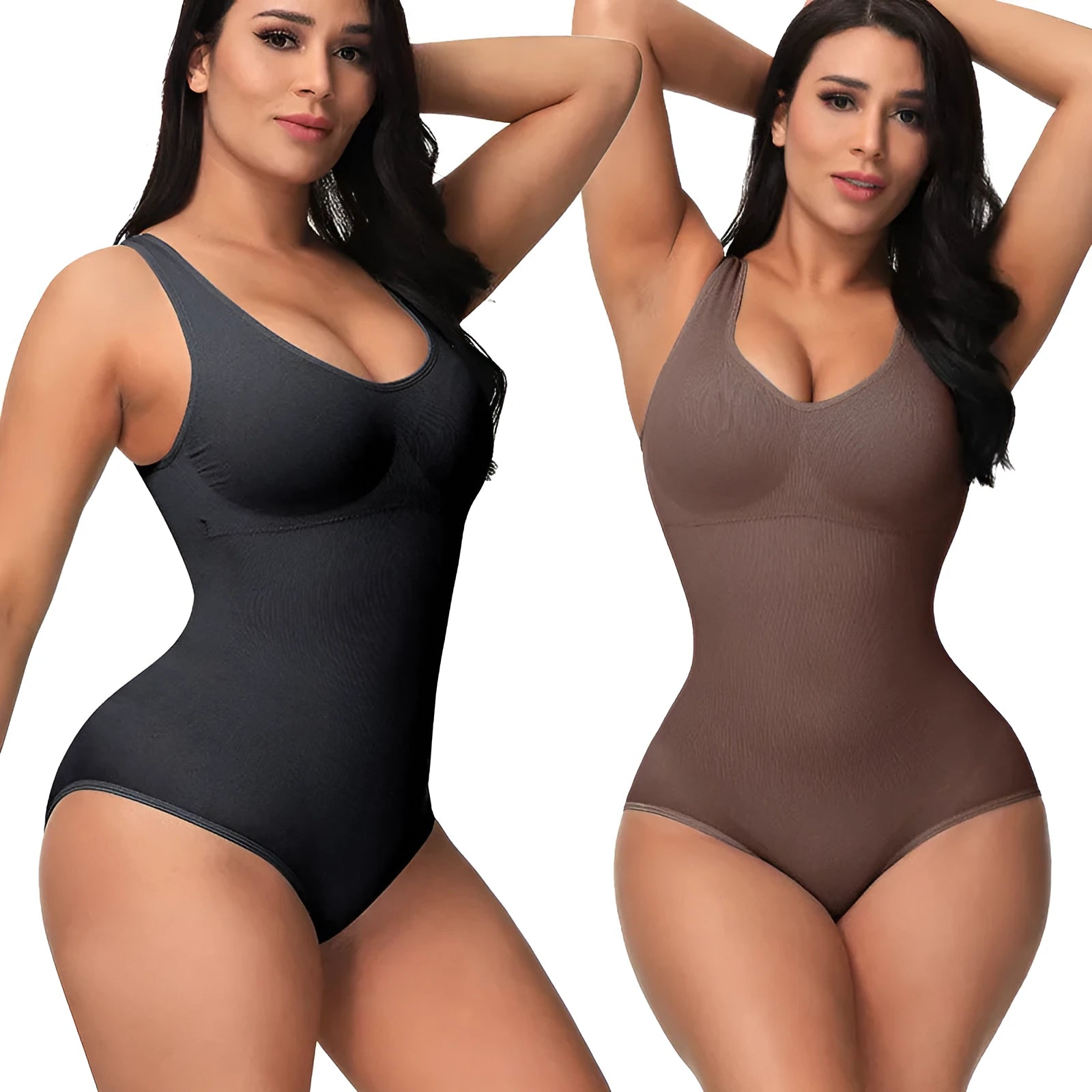 Seamless women's shaping bodysuit in nylon fabric shown in apricot colour.
