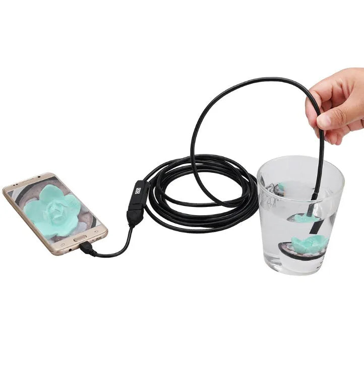 OWSOO USB endoscope camera with 5m cable, 7mm lens, LED lights, magnet, hook and side audition tools.