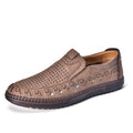 Men's brown casual slip-on shoes with round toe, hollowed detail, and sewn sole on a neutral background.