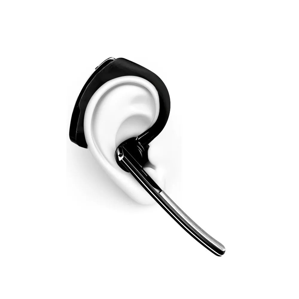 V9 Jerry black Bluetooth headset with ear-bud and charging cable on a white background
